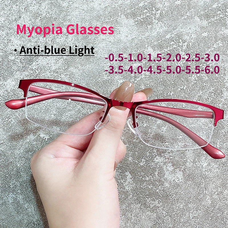 

Women Myopia Glasses Ladies Half Frame Anti-blue Light Prescription Glasses Men Finished Eyewear -1.0 To -6.0 Gafas