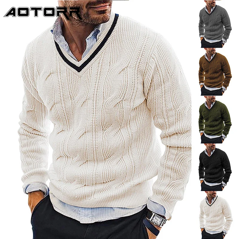 

Winter Mens Sweater V-Neck Knitted Pullovers Slim Fit Warm Knit Lon Sleeve Men Autumn Fasion Solid Color Sweaters Streetwear