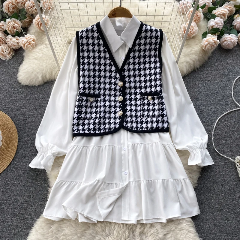 Autumn Small Incense Style Bird Check Vest Jacket Top White Long-sleeved Shirt Dresses Two-piece Suit
Autumn Small Incense Style Bird Check Vest Jacket Top White Long-sleeved Shirt Dresses Two-piece Suit