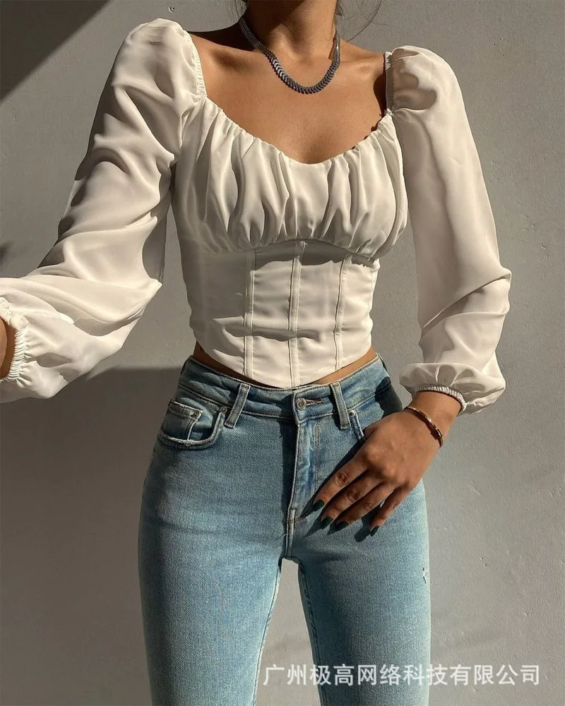 Women's Elegant Top 2022 New Spring Pleated Slim Puff Sleeve Chic Fashion Casual Lady Tops 
Women's Elegant Top 2022 New Spring Pleated Slim Puff Sleeve Chic Fashion Casual Lady Tops