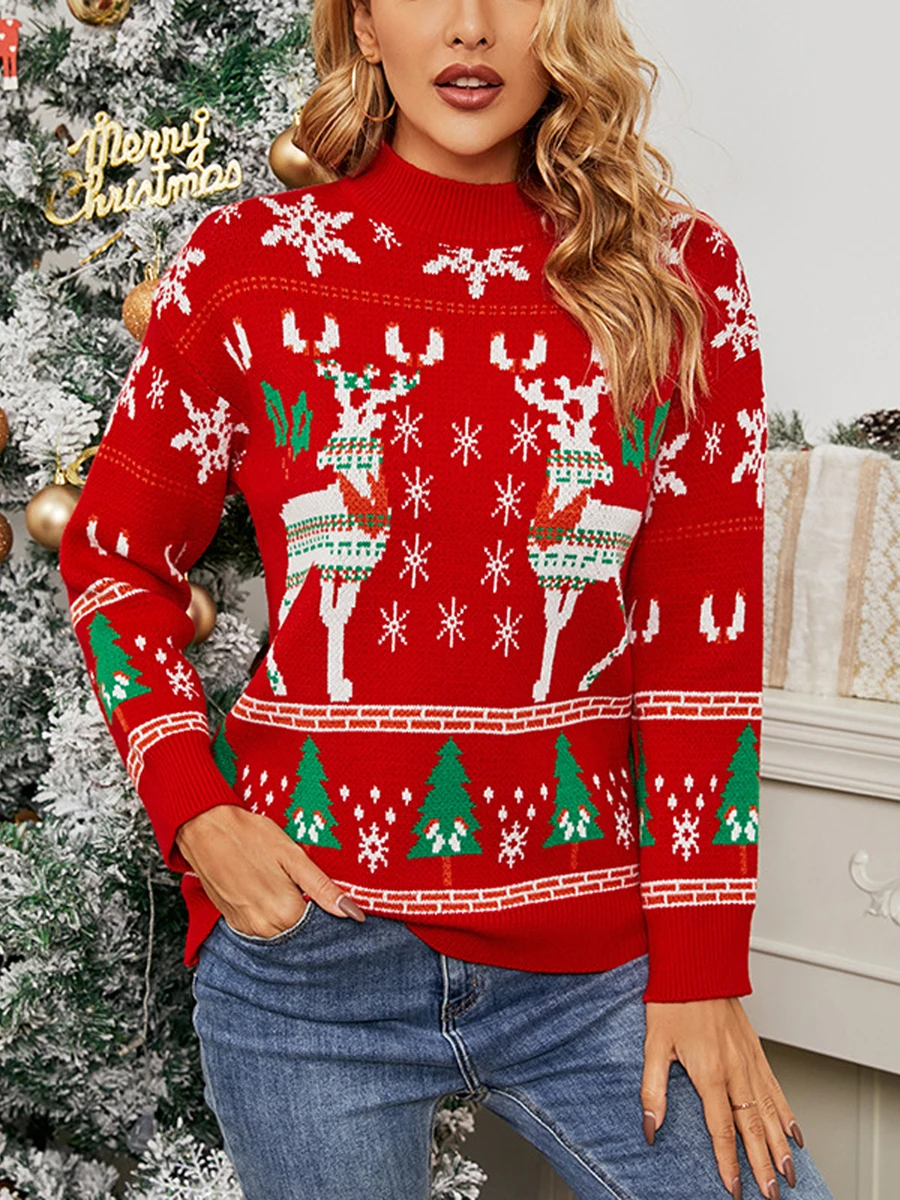 Women Autumn Loose Knitwear Cartoon Elk Snowflake Print Long Sleeve Round Neck Casual Sweater for Christmas
Women Autumn Loose Knitwear Cartoon Elk Snowflake Print Long Sleeve Round Neck Casual Sweater for Christmas