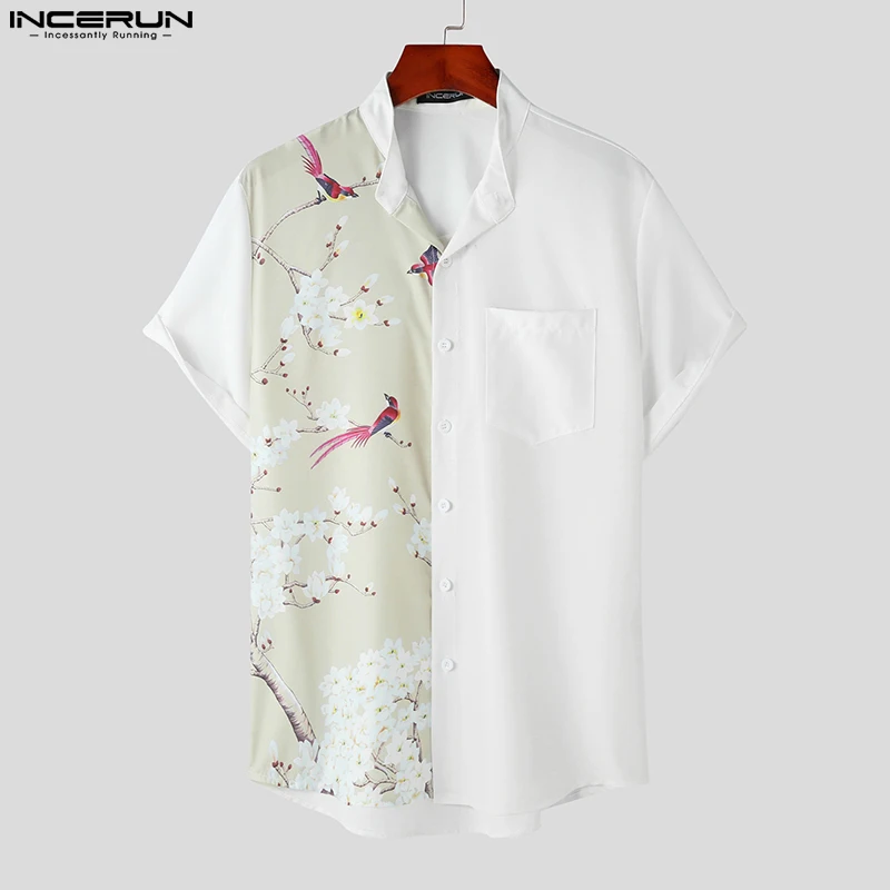 

INCERUN Tops 2023 Korean Style Men Summer Splicing Flower&Bird Printed Shirts Stylish Male Collarless Short Sleeved Blouse S-5XL