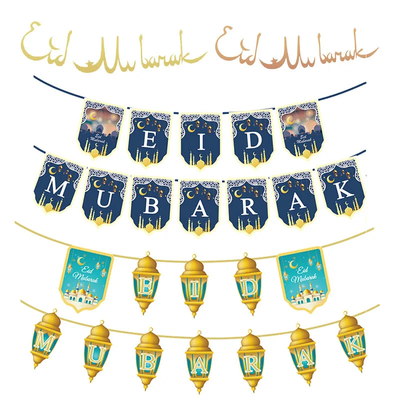 

2023 EID MUBARAK Banner Decoration Glitter Star Moon Bunting Garland Hanging Islamic Muslim Party Ramadan Kareem Decor for Home