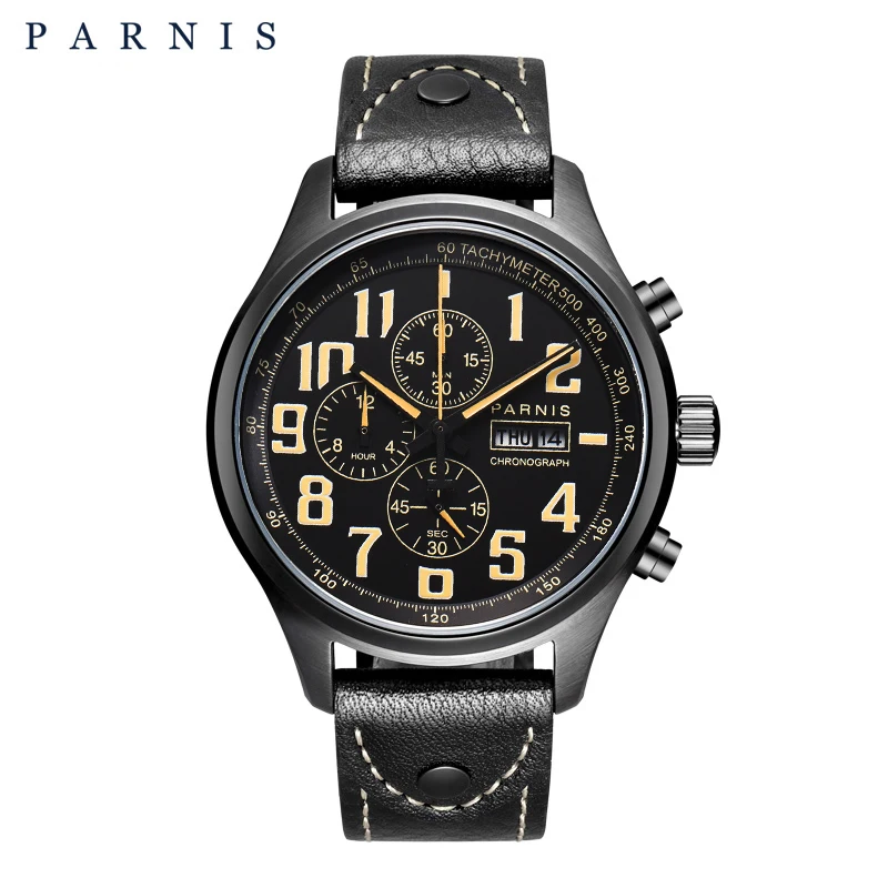 

Часы наручные PARNIS Мужские кварцевые в стиле милитари, спортивные с хронографом, отображением недели, календарем, водонепроницаемые люксовые с кожаным ремешком, 43 мм, 100 м