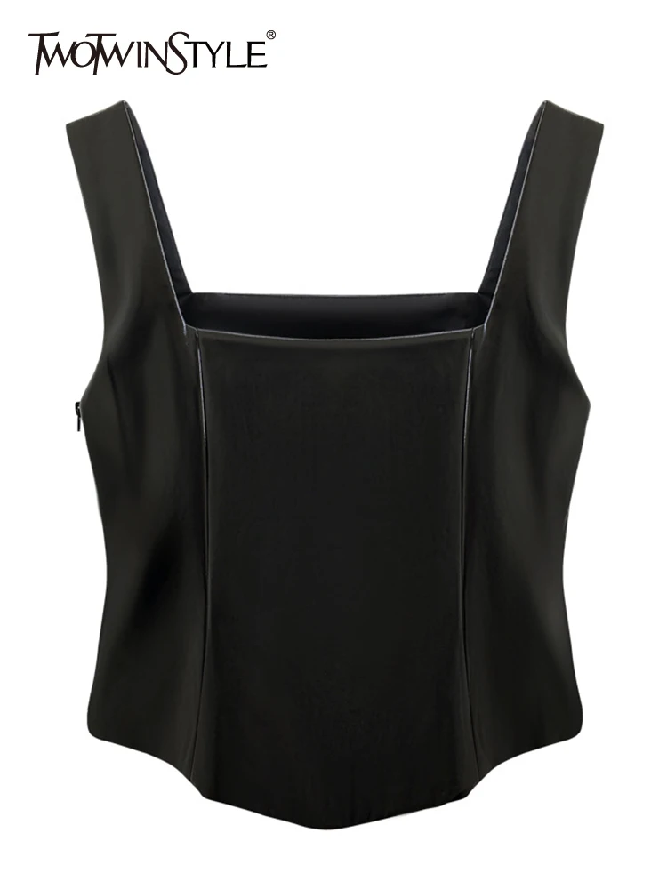 TWOTWINSTYLE Streetwear Black Tank Tops For Women Square Collar Sleeveless Solid PU Leather Vest Female Summer Fashion Clothing
TWOTWINSTYLE Streetwear Black Tank Tops For Women Square Collar Sleeveless Solid PU Leather Vest Female Summer Fashion Clothing