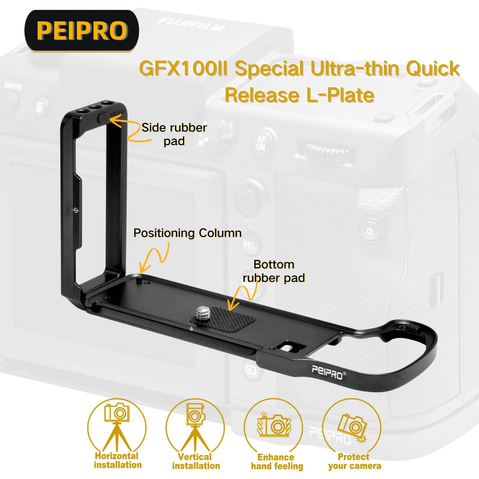 

PEIPRO GFX100 2ndGeneration Ultra-thin L Plate Horizontal and Vertical Quick Release Plate Camera Hand Grip for Fuji GFX100II