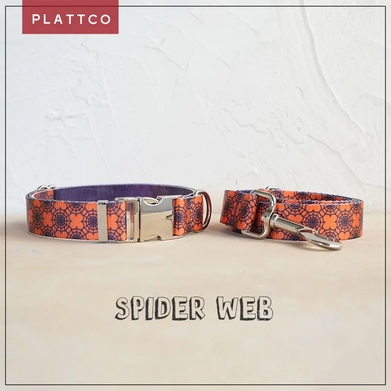 

PLATTCO unique dog set print SPIDER WEB pattern paired with high-quality silver buckle 5 size PDC336S&PDL336S