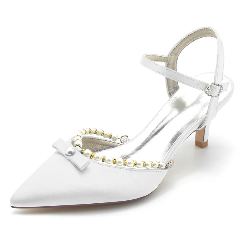 

Satin Pearls Kitten Heel Wedding Bridal Shoes Women Pointed Toe Ankle Buckle Strap Mid Heels Sandal for/Cocktail/Prom/Evening