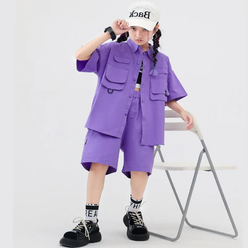 Hip Hop Girls Clothing Summer Purple Lapels Cargo Shirt Tops Elastic Waist Shorts 2pcs Streetwear K-pop Modern Jazz Dance Outfit
Hip Hop Girls Clothing Summer Purple Lapels Cargo Shirt Tops Elastic Waist Shorts 2pcs Streetwear K-pop Modern Jazz Dance Outfit