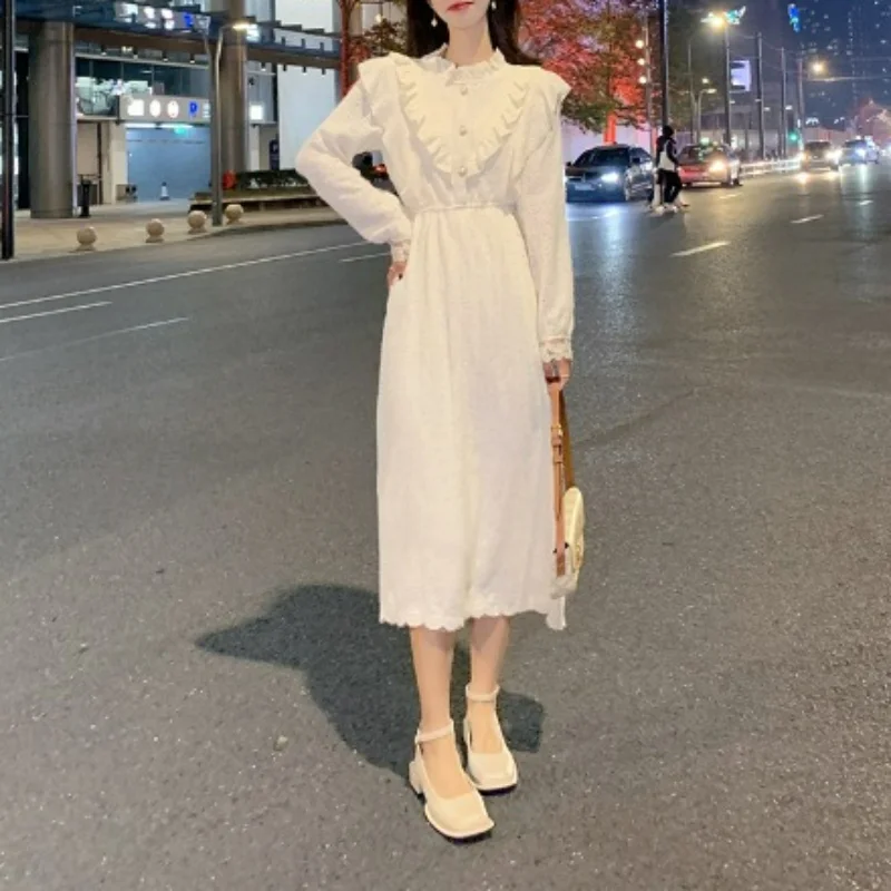

Stand Neck Chic Buttons Fungus Edge Robe Femme Vestidos De Mujer Elegant French Style Vintage Solid Color Long Sleeve Dress