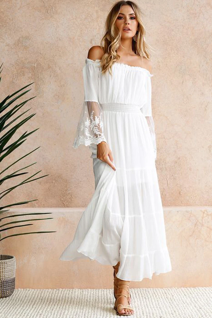 2023 Long Boho Dress White Sexy Off The Shoulder Beach Sundress Flare Long Sleeve Splice Lace Women Dresses Summer Vestidos
2023 Long Boho Dress White Sexy Off The Shoulder Beach Sundress Flare Long Sleeve Splice Lace Women Dresses Summer Vestidos