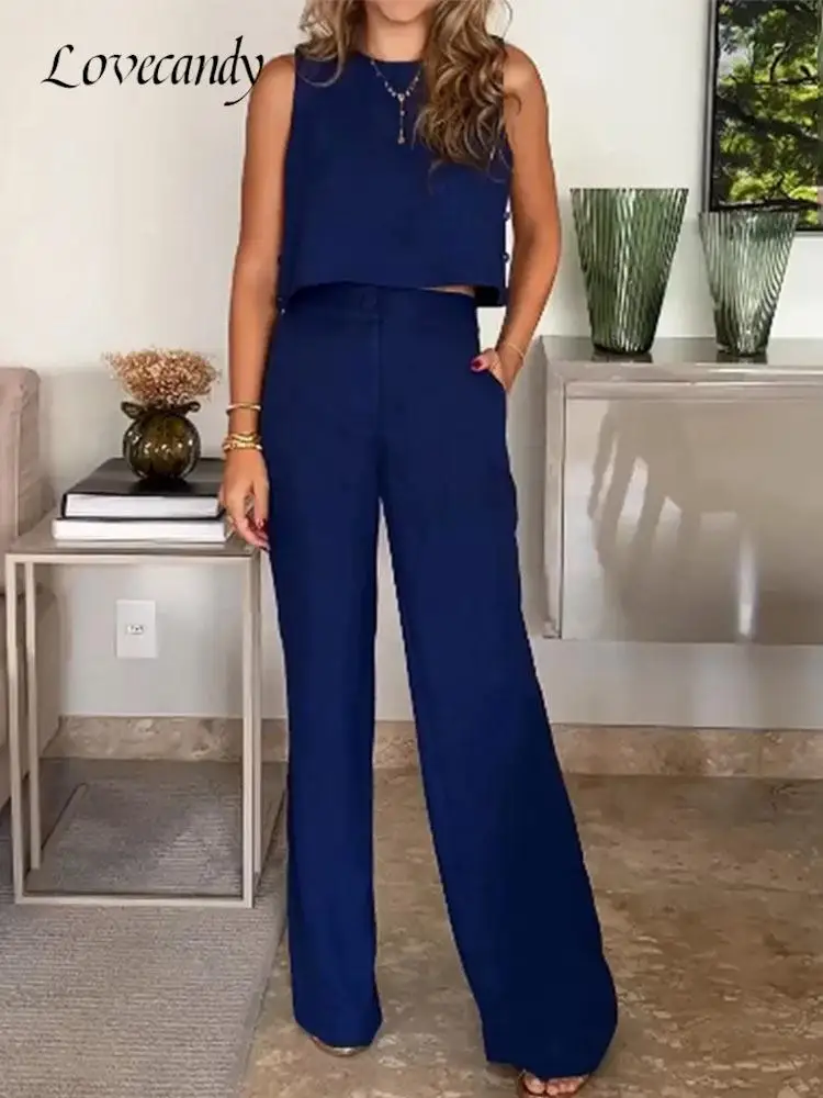 Повседневные женские костюмы с высокой талией, летний комплект из 2 предметов с топом с круглым вырезом и широкими штанинами, модная Свободн... 
Повседневные женские костюмы с высокой талией, летний комплект из 2 предметов с топом с круглым вырезом и широкими штанинами, модная Свободн...