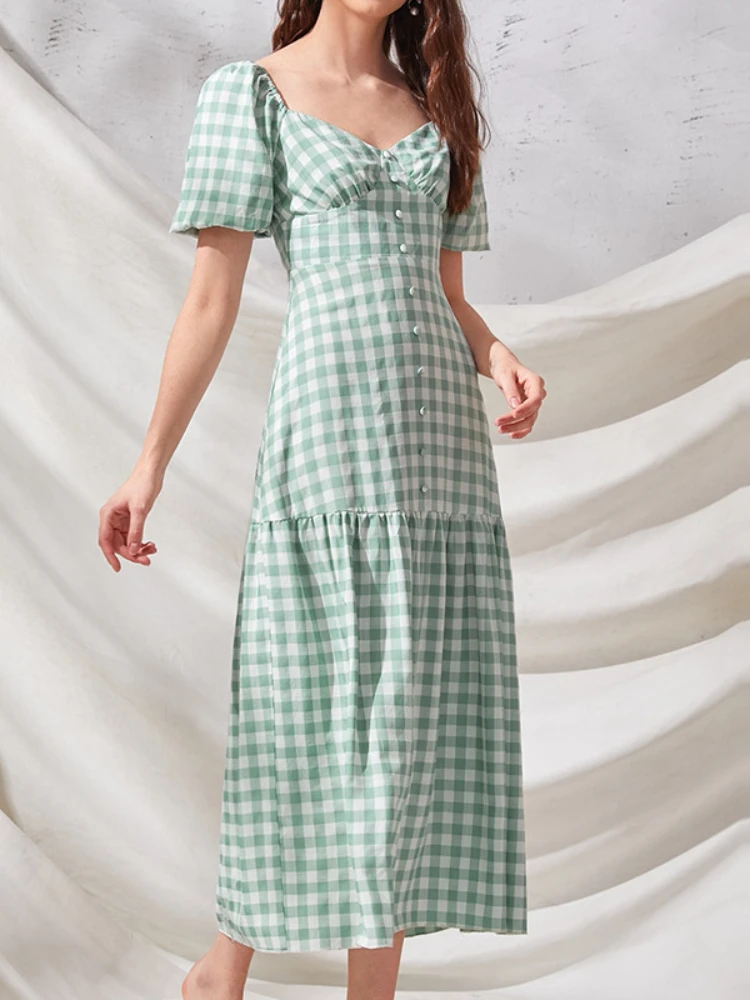 Summer Casual Plaid Draped Elegant Dress Women Chiffon Puff Sleeve Patchwork Vintage Dress Female Temperament Holiday Dress 2022 
Summer Casual Plaid Draped Elegant Dress Women Chiffon Puff Sleeve Patchwork Vintage Dress Female Temperament Holiday Dress 2022