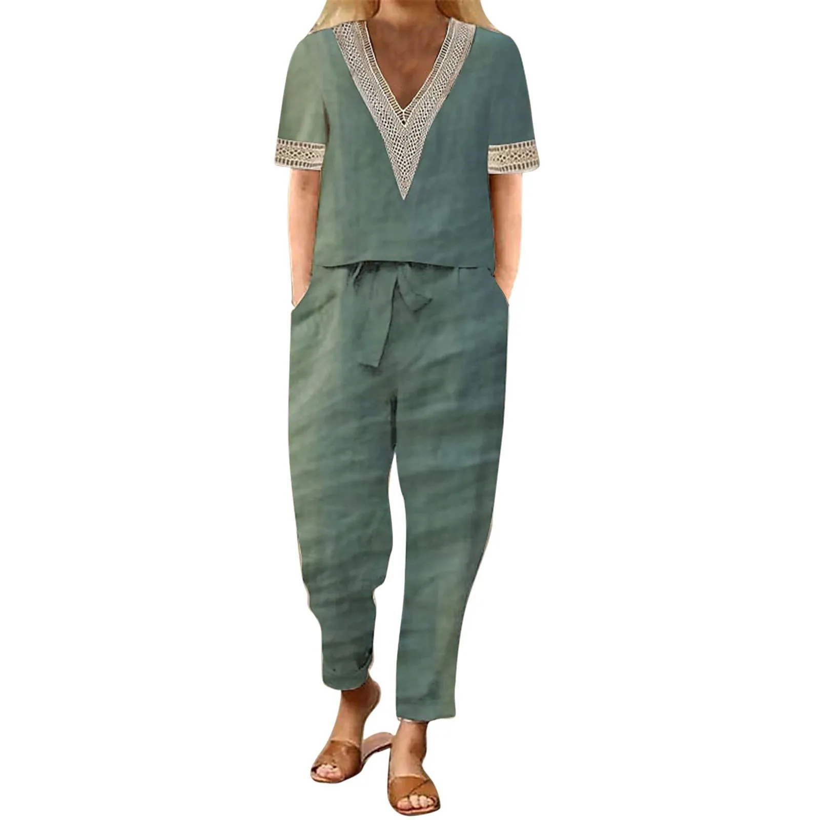 Fashion V Neck Overalls Women Cotton And Linen Casual Set Solid Color Fashion Short Sleeve Top With Loose Pants Two Piece Set
Fashion V Neck Overalls Women Cotton And Linen Casual Set Solid Color Fashion Short Sleeve Top With Loose Pants Two Piece Set