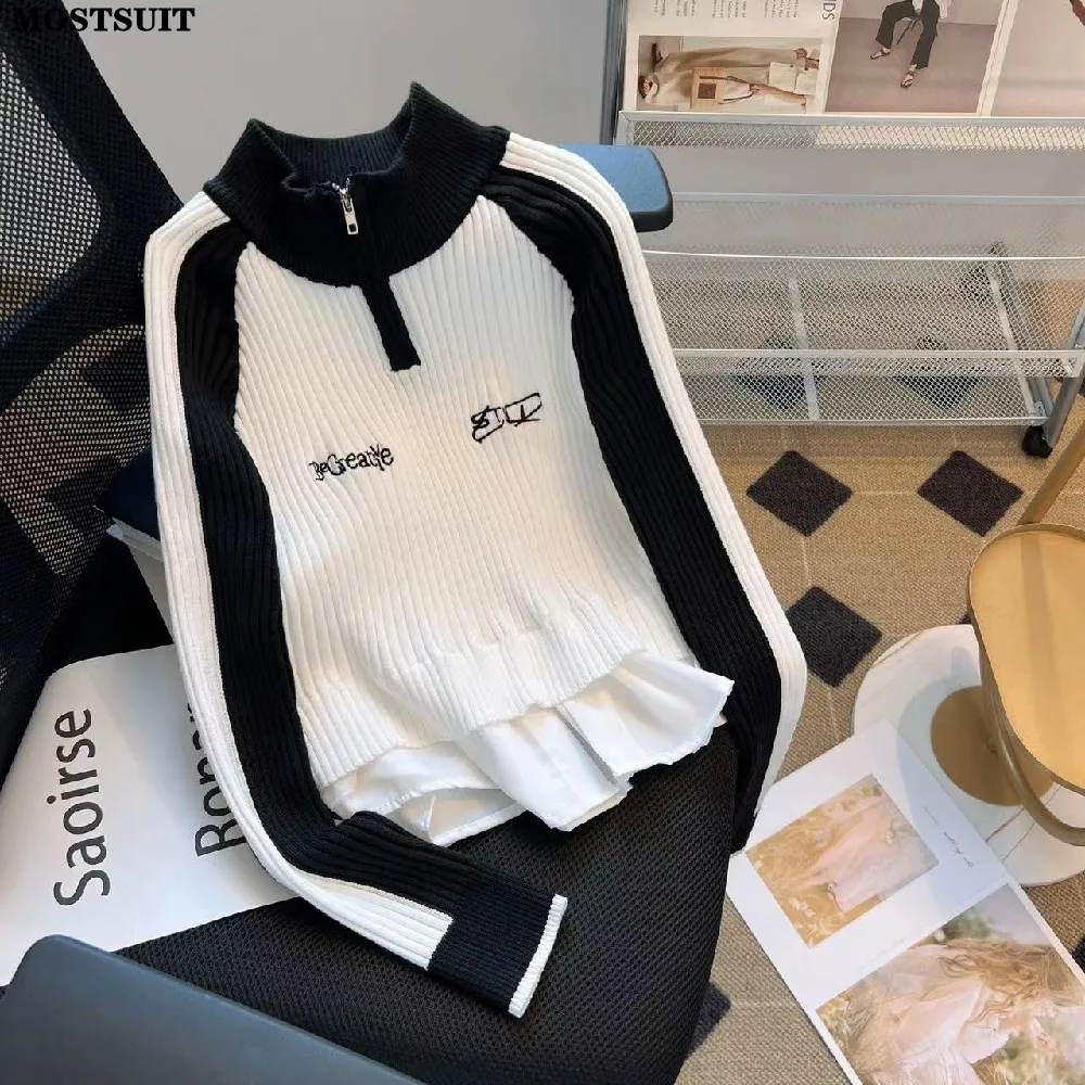 Streetwear Embroidered Sweater Pullover Women Fake Two Pieces Spliced Slim Knitted Crop Tops Long Sleeve Stand Collar Jumpers
Streetwear Embroidered Sweater Pullover Women Fake Two Pieces Spliced Slim Knitted Crop Tops Long Sleeve Stand Collar Jumpers