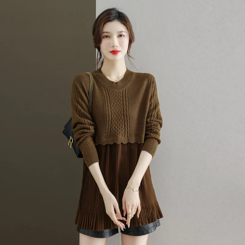 

2023 Women Brown Black Pullover Sweaters Fake 2 Pieces Bulky Rib Knitted Tops Pleated Chiffon Patchwork Design Classy Knitwear