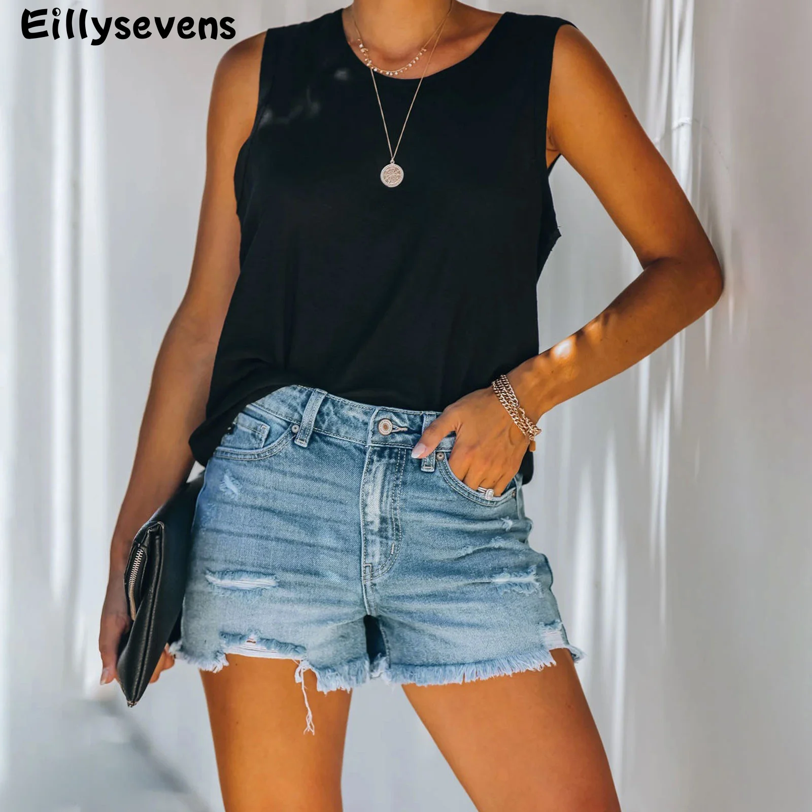 

Solid Color Jean Shorts 2023 Summer Sexy Slim Fit Bottom Shorts for Women Casual Ripped Fringe Frayed Denim Pants Short Femme
