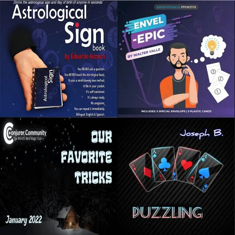 Envel-Epic by Walter Valle,Puzzling by Joseph B,Astrological Sign by Eduardo Kozuch,Our Favorite Tricks by Conjuror Community
Envel-Epic by Walter Valle,Puzzling by Joseph B,Astrological Sign by Eduardo Kozuch,Our Favorite Tricks by Conjuror Community