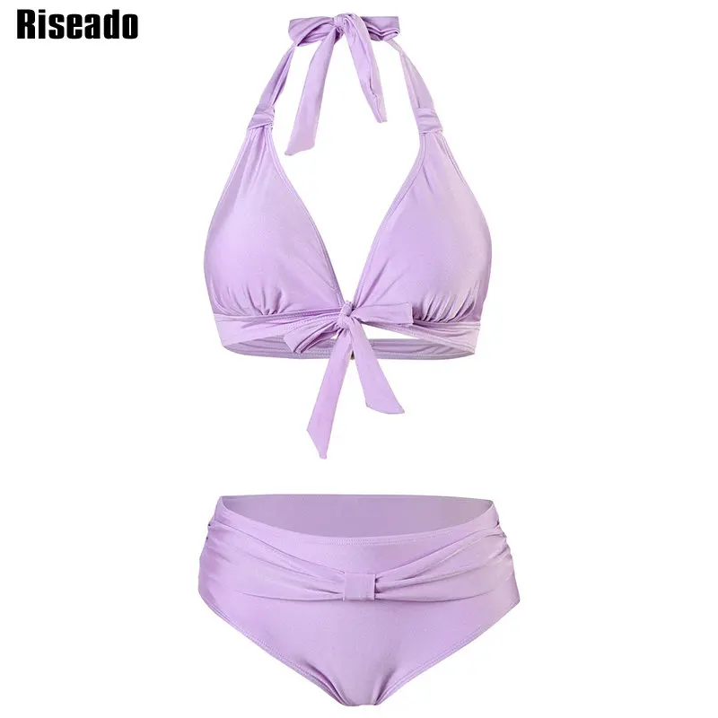 

Riseado Sexy High Waist Bikinis V-neck Women's Swimsuits Halter Swimwear Women 2022 Purple Bathing Suit Knot Front Biquini Set