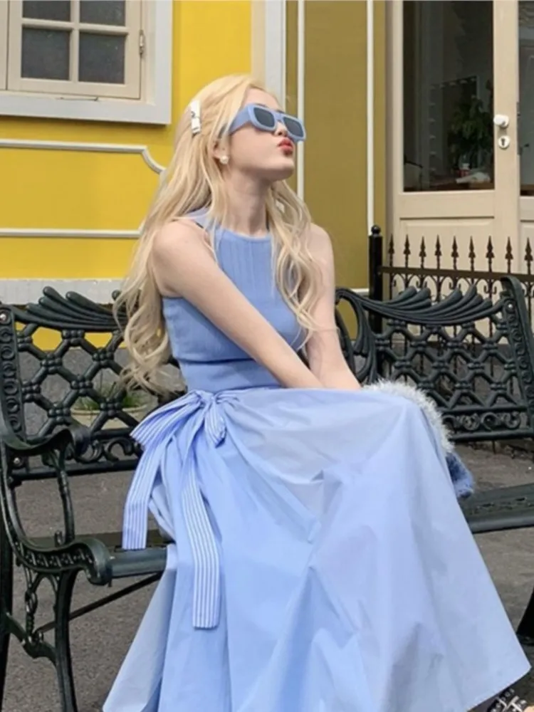 Sweet Blue Slim Knitted Vest + Lace-up A-line Skirt Women Summer Casual New Fashion Korean Chic Office Lady Two-piece Solid Sets
Sweet Blue Slim Knitted Vest + Lace-up A-line Skirt Women Summer Casual New Fashion Korean Chic Office Lady Two-piece Solid Sets
