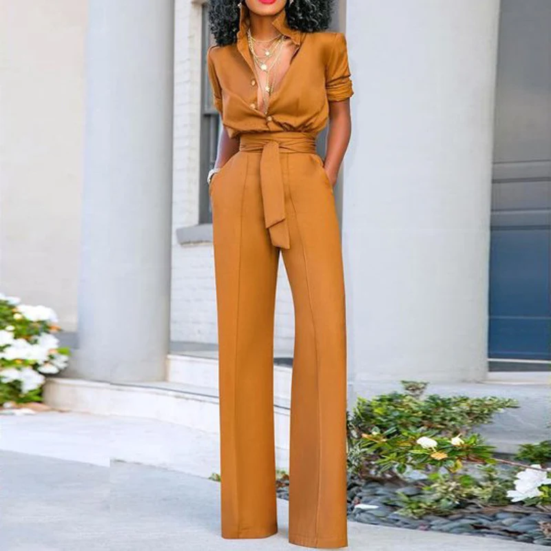 Summer 2021 Women's lace-up jumpsuit, lapel, Long-sleeve button top, wide leg women's jumpsuit
Summer 2021 Women's lace-up jumpsuit, lapel, Long-sleeve button top, wide leg women's jumpsuit
