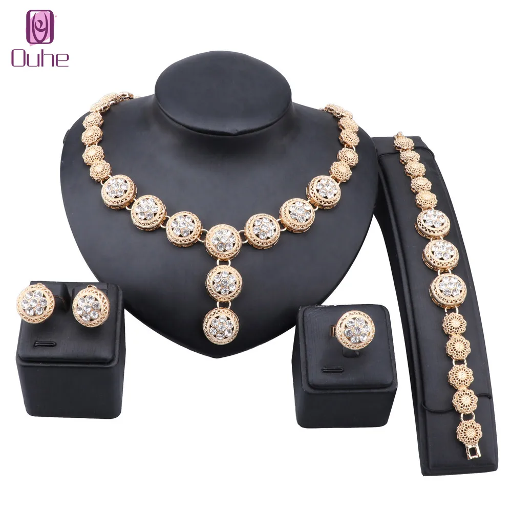 

Fashion Bridal Dubai Gold Color Women Crystal Dinner Dress Necklace Bangle Earrings Ring Party Jewelry Sets