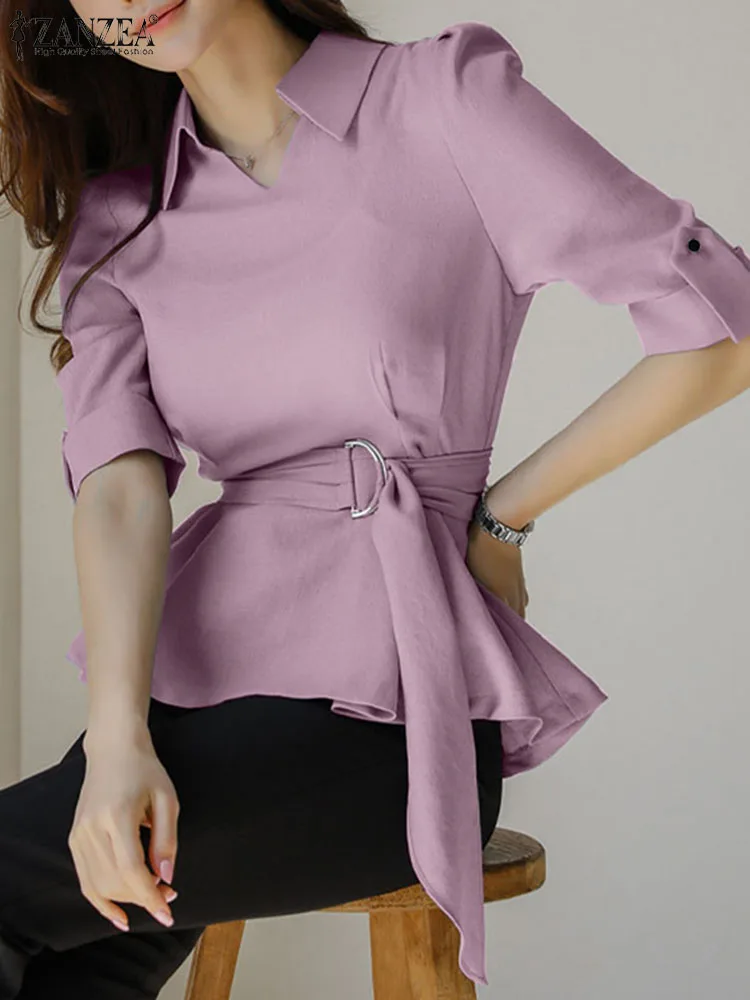 

ZANZEA Women Casual Peplum Tops Solid Color Commuting Half Sleeve Fashion Tunic Tops Office Lady Belted Elegant Lapel Blouses