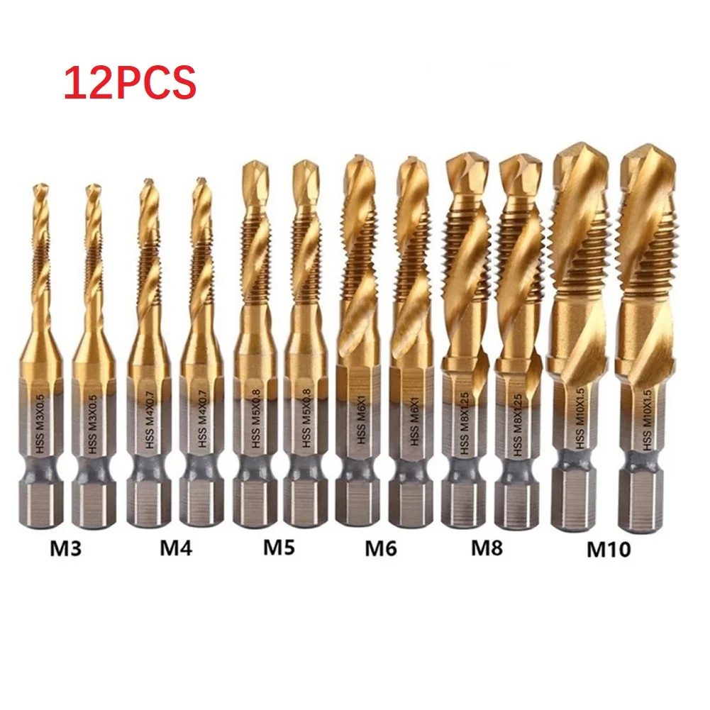 12pcs Tap Drill Bit Set Hex Shank Titanium Plated HSS Screw Thread Bit Screw Machine Compound Tap For Metal Steel Wood Plastic
12pcs Tap Drill Bit Set Hex Shank Titanium Plated HSS Screw Thread Bit Screw Machine Compound Tap For Metal Steel Wood Plastic