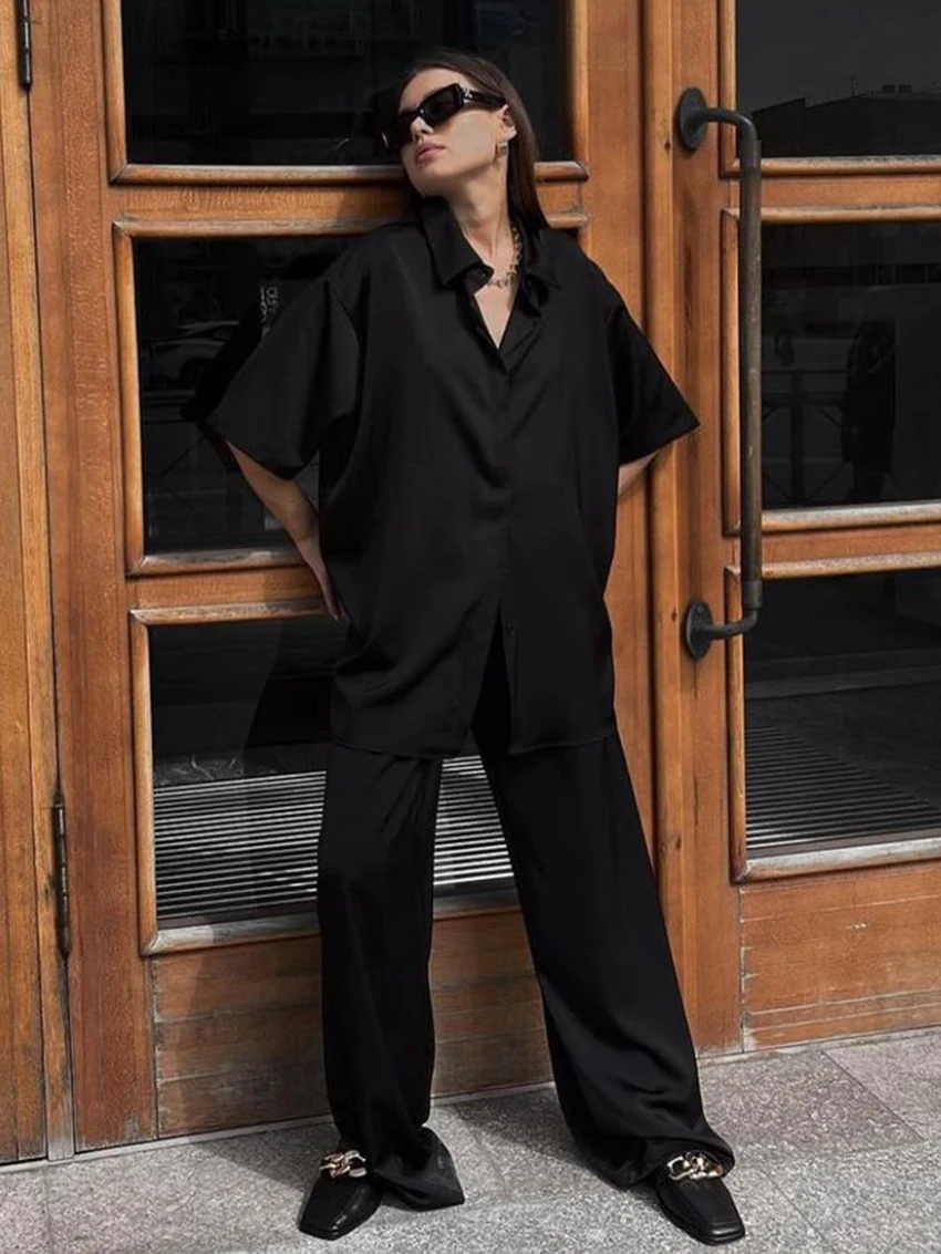 Marthaqiqi Casual Ladies Pajamas Set Half Sleeve Sleepwear Turn-Down Collar Nightwear Wide Leg Pants 2023 New Home Clothes Women
Marthaqiqi Casual Ladies Pajamas Set Half Sleeve Sleepwear Turn-Down Collar Nightwear Wide Leg Pants 2023 New Home Clothes Women