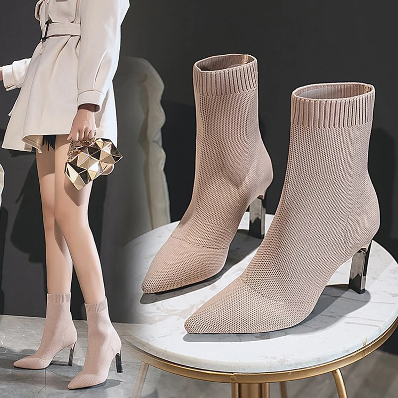 

Stretch Fabric Elastic Socks Boots Women Stilettos Heel Pointed Toe Metal Blade Heels Ankle Boots Shoes Woman Boats Plus Size