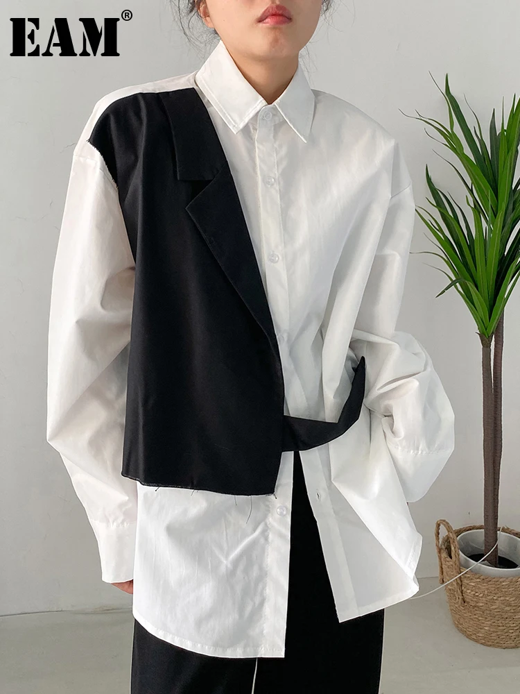 

[EAM] Women White Irregular Spliced Big Size Blouse New Lapel Long Sleeve Loose Shirt Fashion Tide Spring Autumn 2023 1DF0351