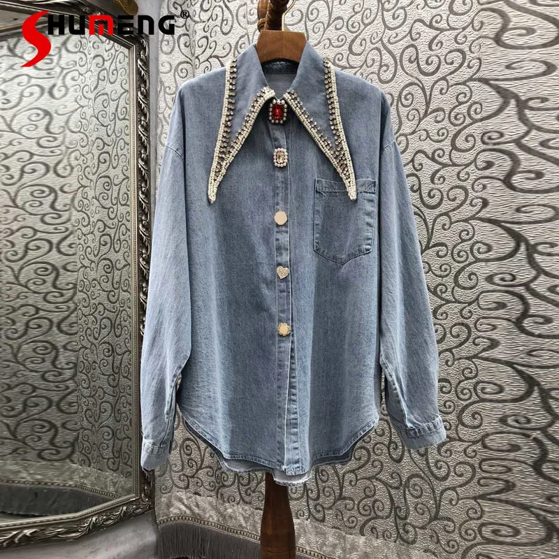 Exquisite Rhinestone Design Pointed Collar Drill Buckle Denim Shirt 2022 Spring New Tops Mujer Loose Long Sleeve Bottoming Shirt
Exquisite Rhinestone Design Pointed Collar Drill Buckle Denim Shirt 2022 Spring New Tops Mujer Loose Long Sleeve Bottoming Shirt