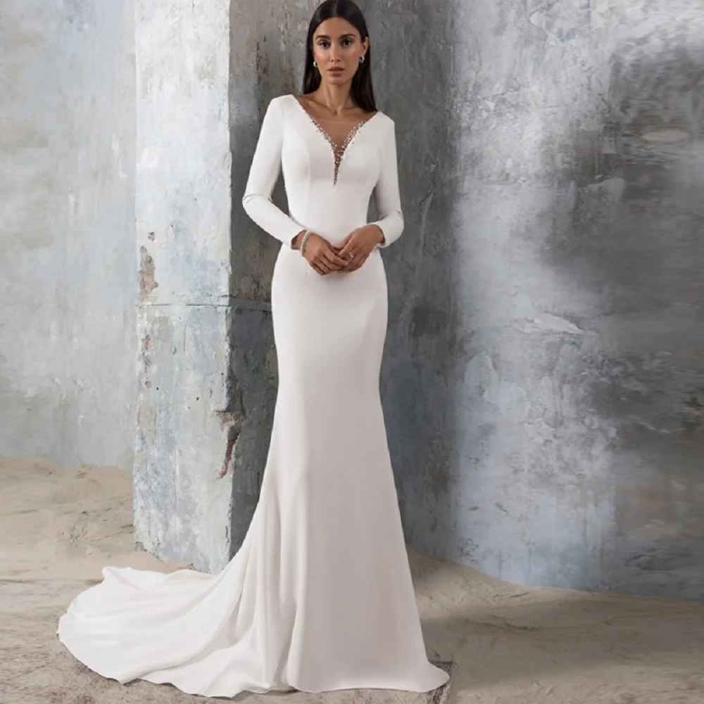 Satin Mermaid Wedding Dresses 2022 V-Neck Beads Long Sleeves Backless Bridal Gowns Sweep Train Vestido de novia
Satin Mermaid Wedding Dresses 2022 V-Neck Beads Long Sleeves Backless Bridal Gowns Sweep Train Vestido de novia
