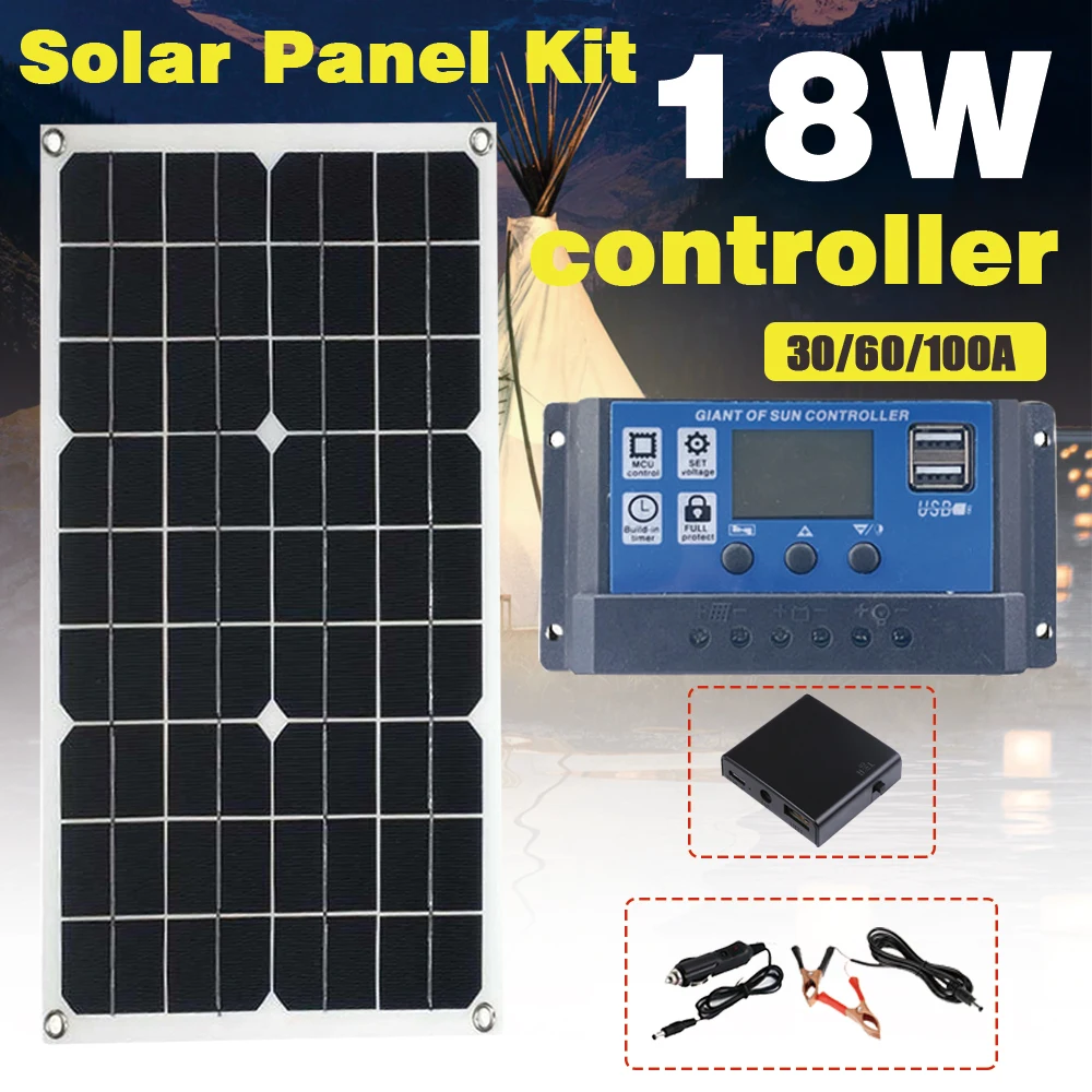 18W18V Solar System Kit Usb Rechargeable Solar Panel Power Inverter Outdoor Camping Solar Belt 30A /60A/100A Solar Controller
18W18V Solar System Kit Usb Rechargeable Solar Panel Power Inverter Outdoor Camping Solar Belt 30A /60A/100A Solar Controller