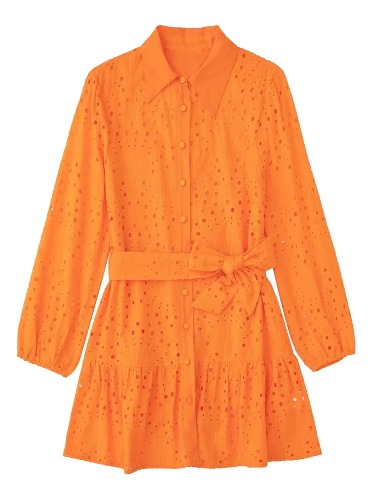 Fashion Women Orange Cutwork Embroidery Mini Dress With Belt Long Sleeve Elastic Cuffs Covered Buttons For Holiday Casual Girls
Fashion Women Orange Cutwork Embroidery Mini Dress With Belt Long Sleeve Elastic Cuffs Covered Buttons For Holiday Casual Girls