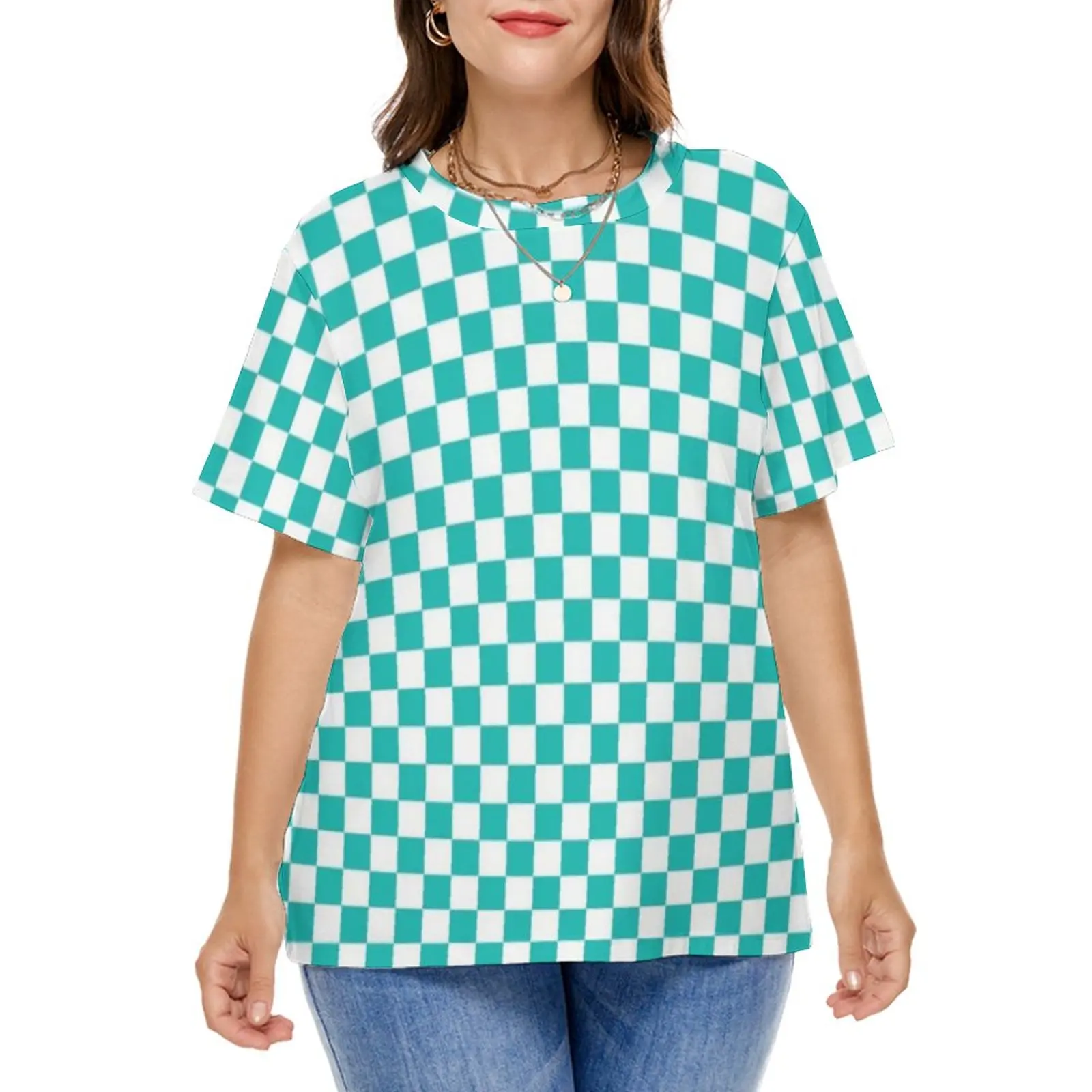 Aqua Checkerboard T Shirts Green White Squares Casual T-Shirt Short Sleeve Women Trendy Tshirt Summer Print Tees Plus Size 5XL 
Aqua Checkerboard T Shirts Green White Squares Casual T-Shirt Short Sleeve Women Trendy Tshirt Summer Print Tees Plus Size 5XL