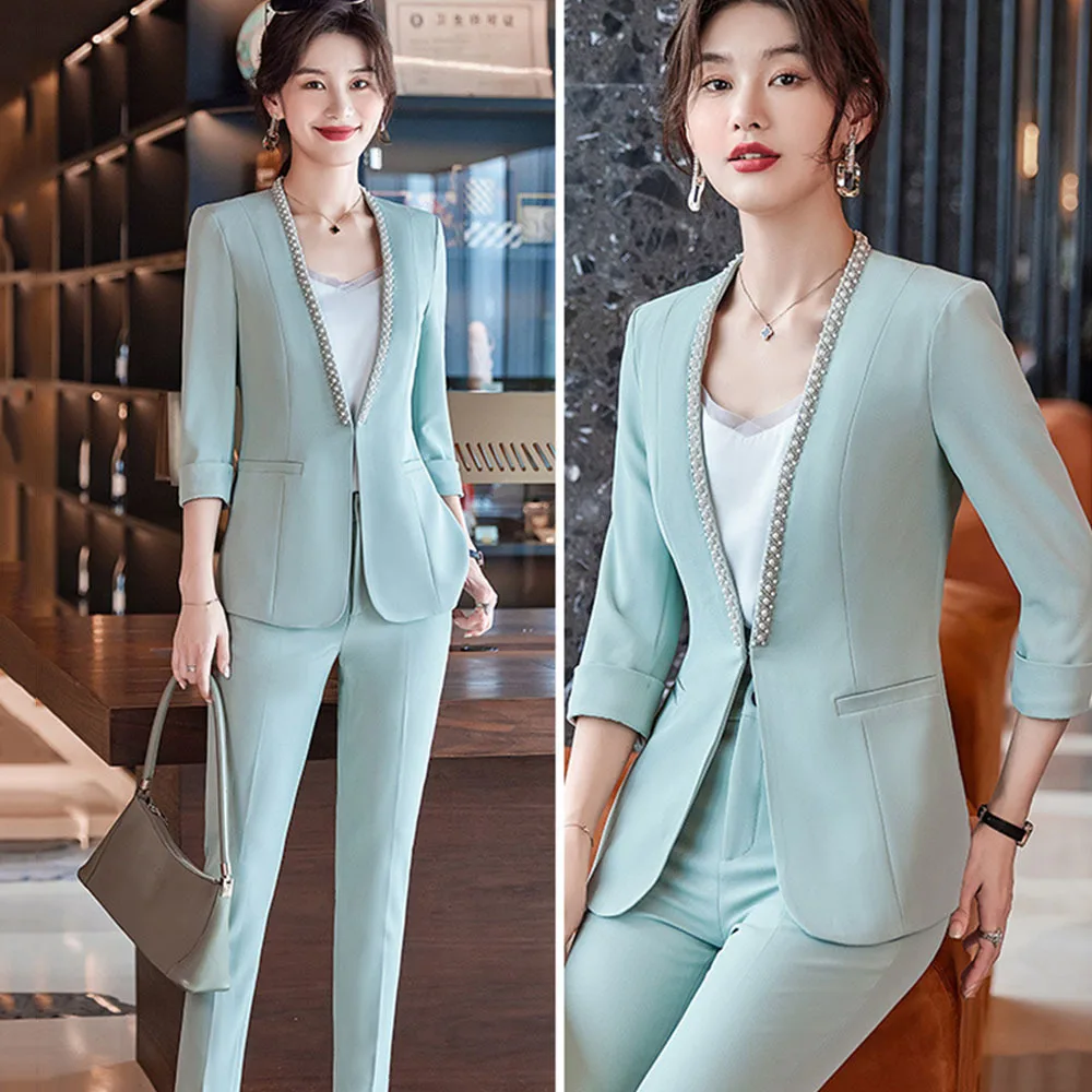 Spring Summer Beading Design Womens Half Sleeve Suit 2 Piece Set Professional Women's Suit Cropped Pants Fashion Slim Work Wear
Spring Summer Beading Design Womens Half Sleeve Suit 2 Piece Set Professional Women's Suit Cropped Pants Fashion Slim Work Wear