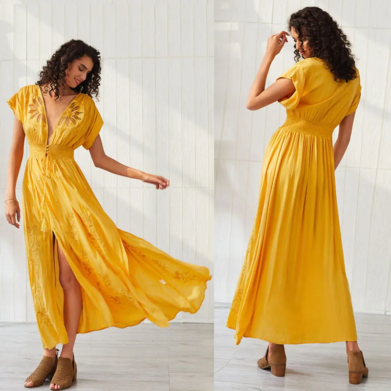 Sundress For Women Deep V Neck Hollow Out Embroidered Floral Sexy Split Summer Dress Bohemian Long Dress
Sundress For Women Deep V Neck Hollow Out Embroidered Floral Sexy Split Summer Dress Bohemian Long Dress