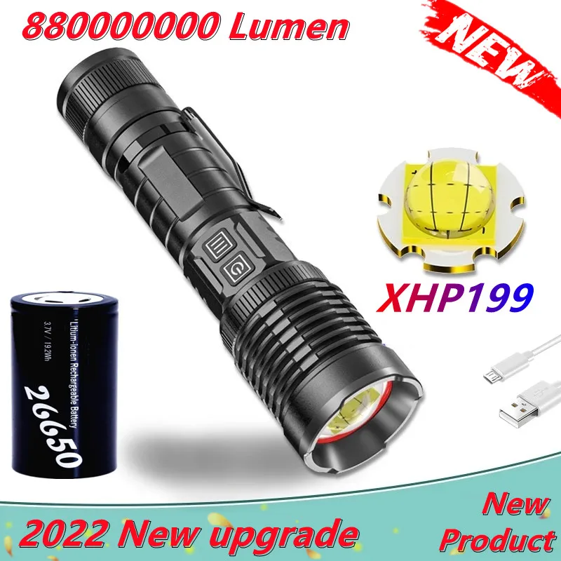 9 Cores XHP199 LED Torch 8800000LM Zoomable USB Rechargeable Led Tactical Flashlight by 18650/26650 Battery for Outdoor Camping
9 Cores XHP199 LED Torch 8800000LM Zoomable USB Rechargeable Led Tactical Flashlight by 18650/26650 Battery for Outdoor Camping