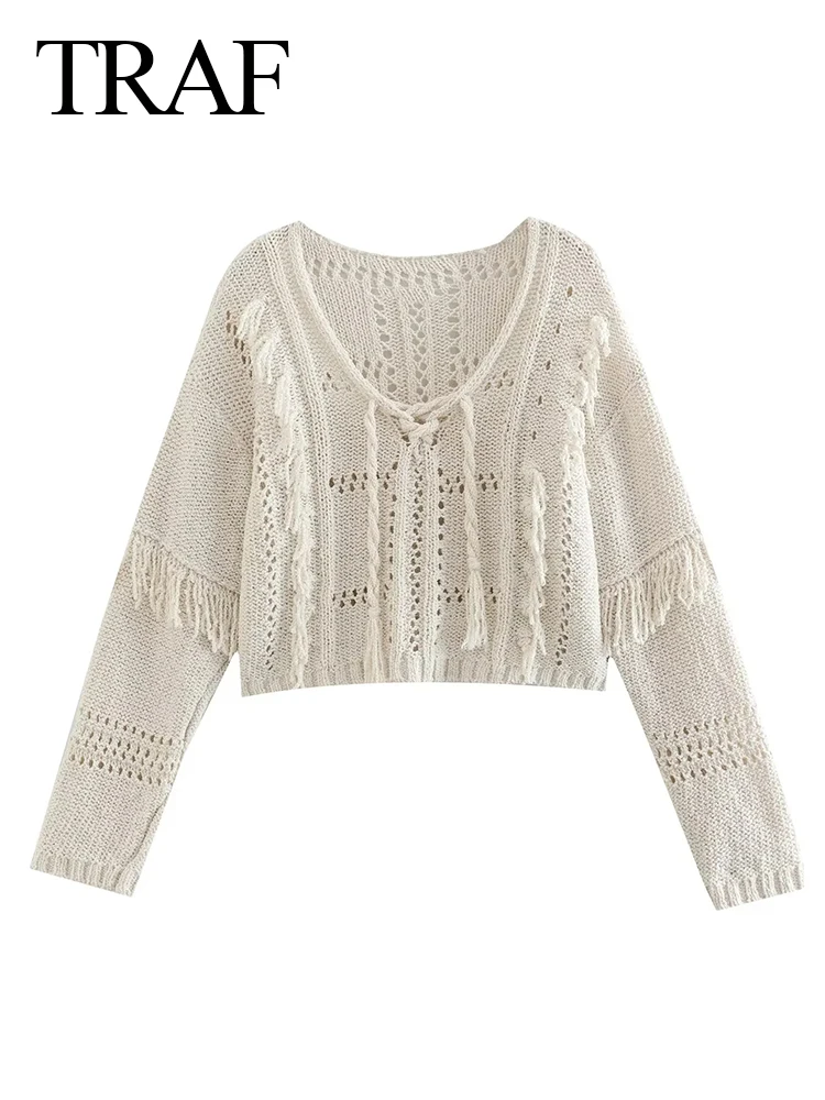 TRAF Women Elegant Sweater Pullover 2022 Fashion Fringe Hollow Loose All-match Knit Solid Beige Short Top Spring Autumn Coat
TRAF Women Elegant Sweater Pullover 2022 Fashion Fringe Hollow Loose All-match Knit Solid Beige Short Top Spring Autumn Coat