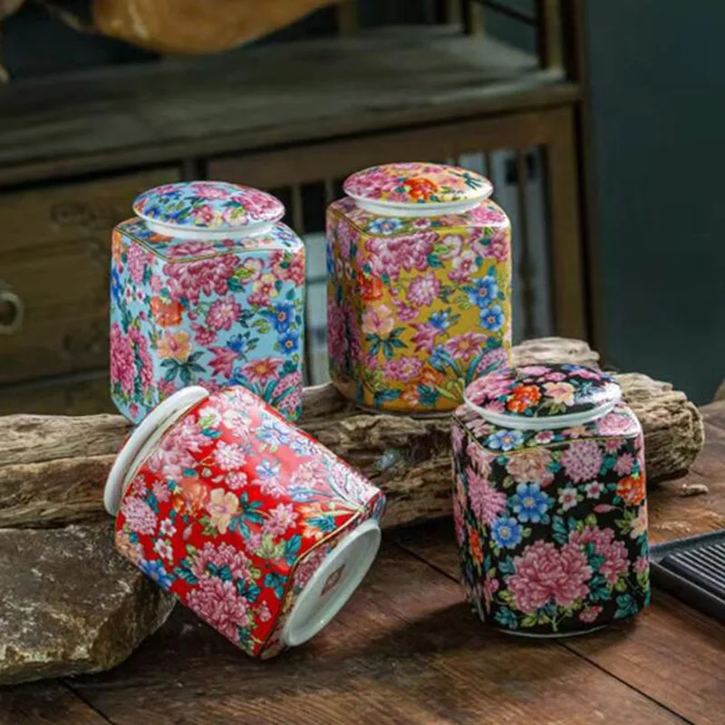 

Chinese Style Enamel Colorful Floral Tea Caddy Porcelain Pu'er Sealed Storage Jar Canister Moisture-proof Tea Box Teaware 400ml