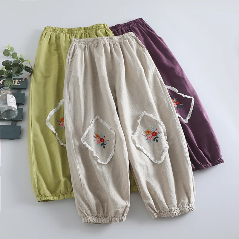 

Летние новые милые женские брюки с вышивкой в стиле мори, повседневные брюки с эластичной резинкой на талии 823-321