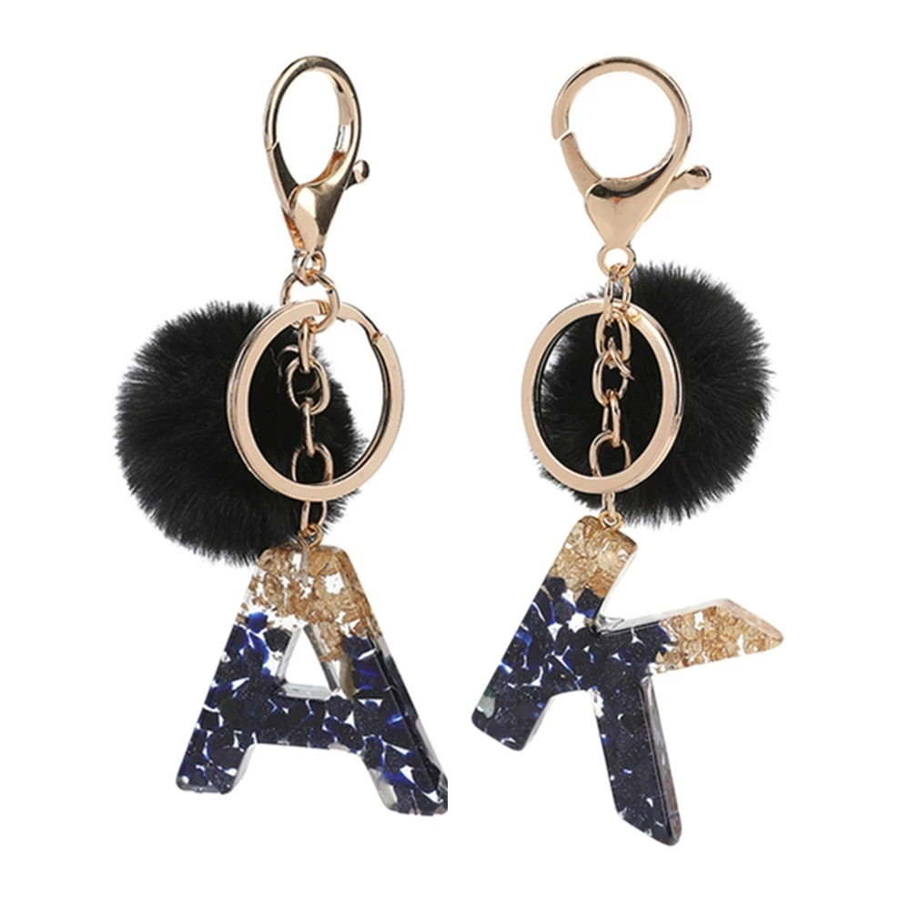 

Black Pompom Letter Key Chain Glitter Gradient Resin A-Z Initials Alphabet Keyring Pendant Women Handbag Phone Decorative Gift