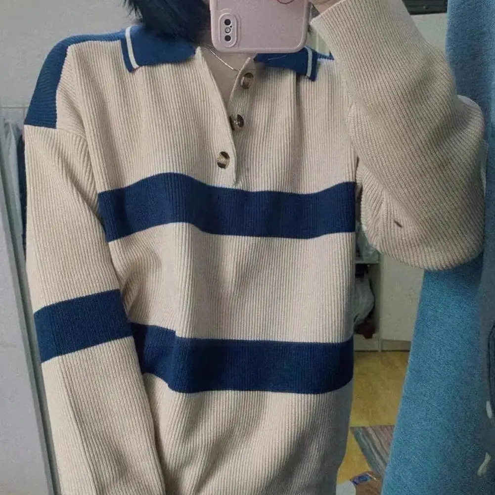 Fashion Sweaters Striped Long Sleeve Sweater Spring Women Clothes Collar Pullovers Loose Winter Vintage Turn-down L7e3
Fashion Sweaters Striped Long Sleeve Sweater Spring Women Clothes Collar Pullovers Loose Winter Vintage Turn-down L7e3