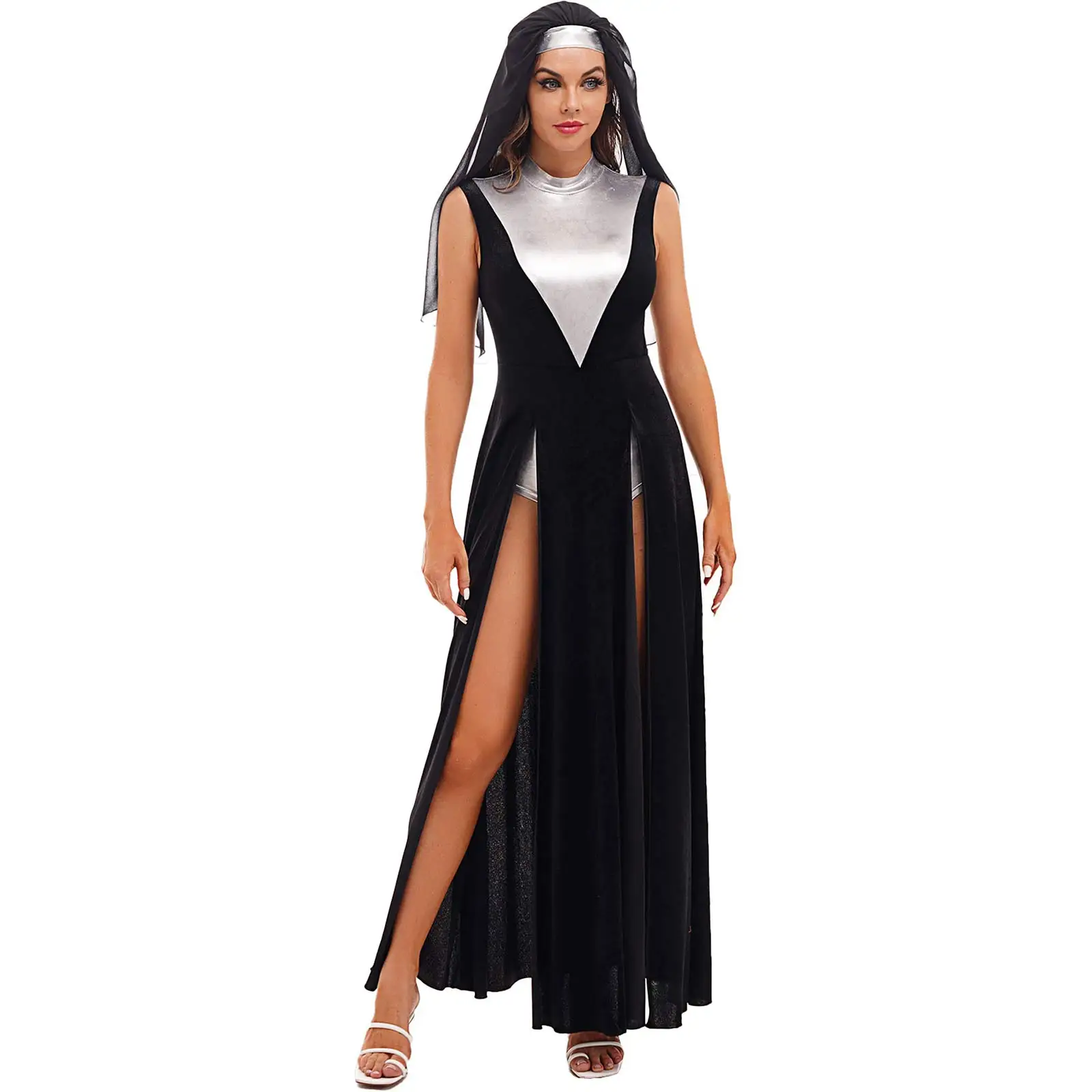 Womens Nun Role Play Costumes Dress Cosplay Theme Party Halloween Outfits Sleeveless Split Velvet Leotard Dress with Headscarf
Womens Nun Role Play Costumes Dress Cosplay Theme Party Halloween Outfits Sleeveless Split Velvet Leotard Dress with Headscarf
