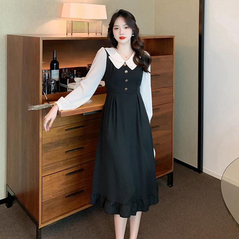 

COIGARSAM Women Long Dress Autumn New Preppy Style Office Lady Cute Vintage Panelled Black Dresses