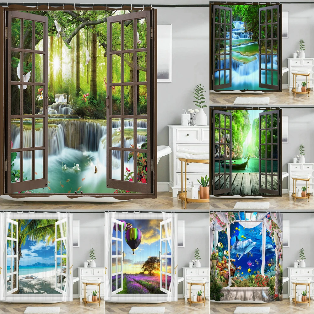 landscape shower curtain bathroom curtain polyester waterproof curtain open window to the forest beach scenery curtain with hook
landscape shower curtain bathroom curtain polyester waterproof curtain open window to the forest beach scenery curtain with hook
