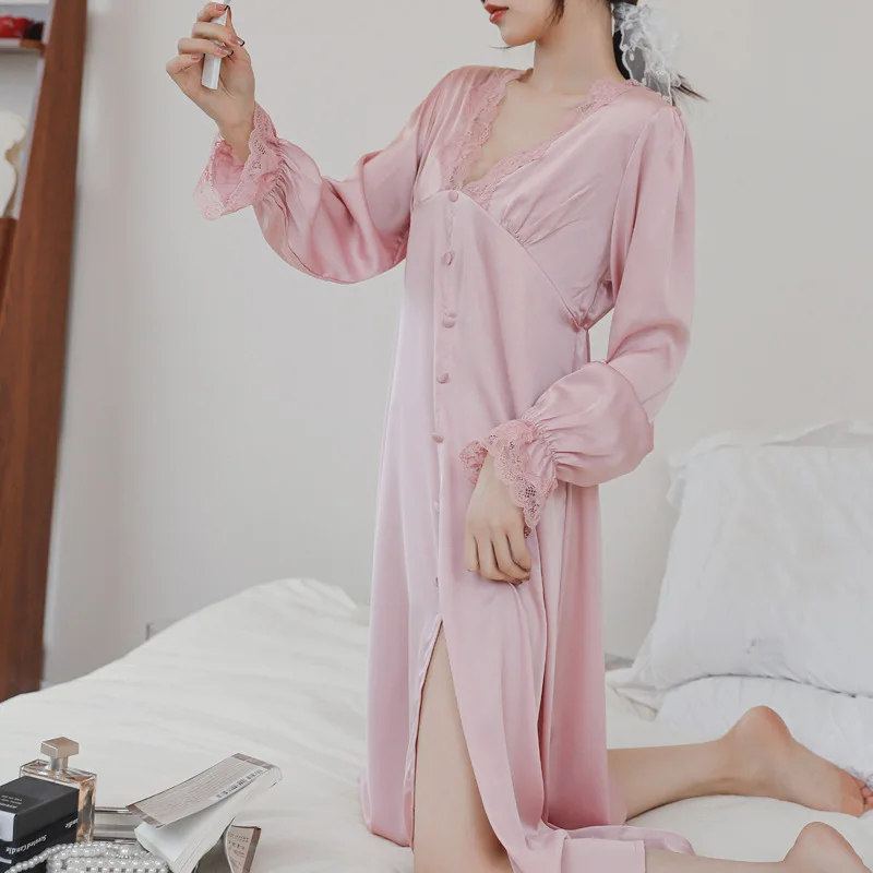 

Sexy Lace Trim V-neck Nightgown Bathrobe New Rayon Female Nightdress Sleepshirt Elegant Palace Style Princess Sleepwear Homewear