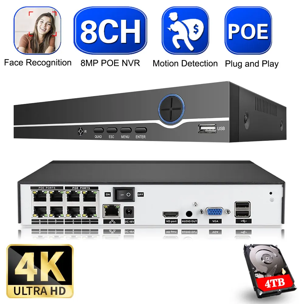 

H.265 4/8CH 4K 8MP POE NVR Security IP Camera Video Surveillance CCTV System P2P 5MP 2MP Network Video Recorder Face Detect