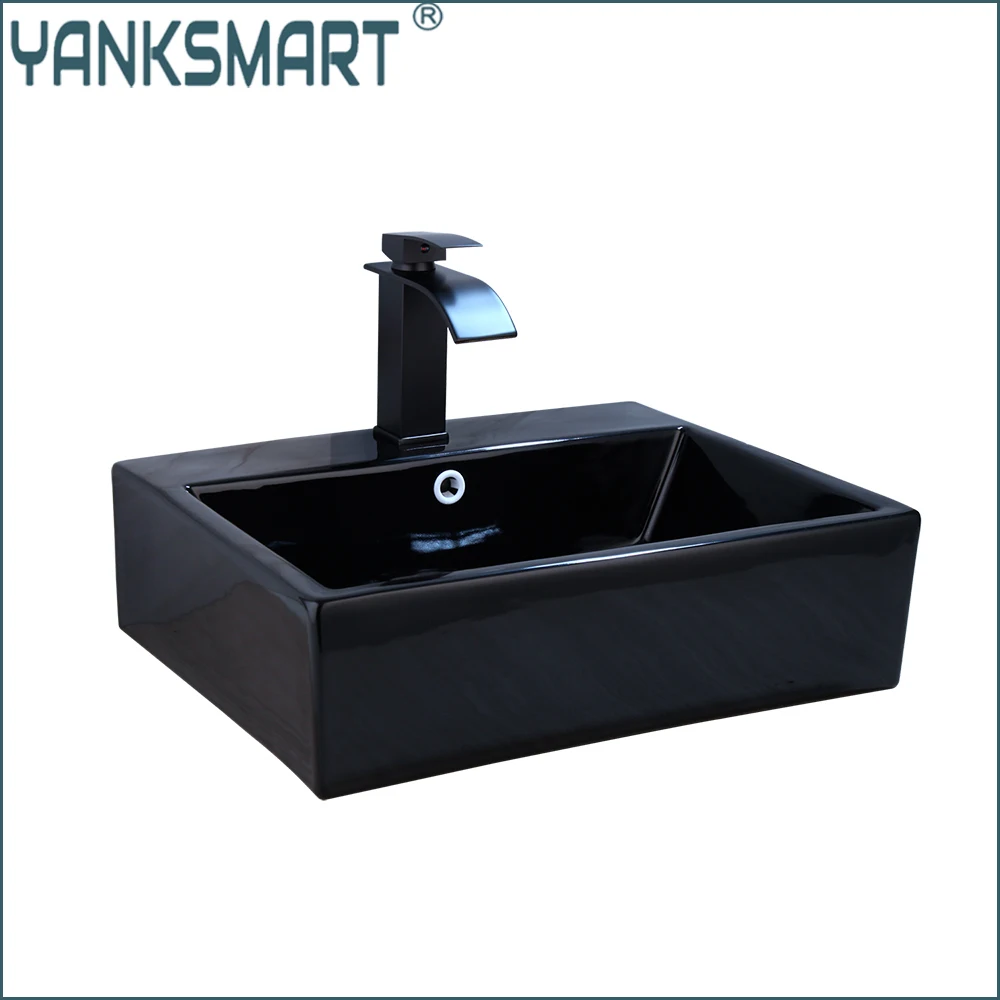 

YANKSMART Black Square Ceramic Bathroom Washbasin Faucet Vessel Lavatory Waterfall Faucet With Pop Drain Mixer Water Tap Set